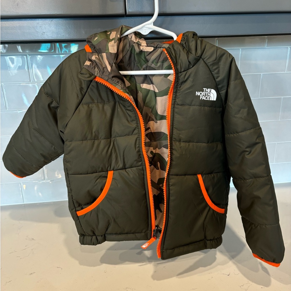 The North Face Toddler Full Zip Reversible Puffer Jacket - Green, Orange & Camo
